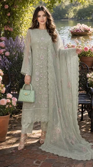 Nooriyah Luxury Embroidered Chiffon D1 - Pistachio Mist