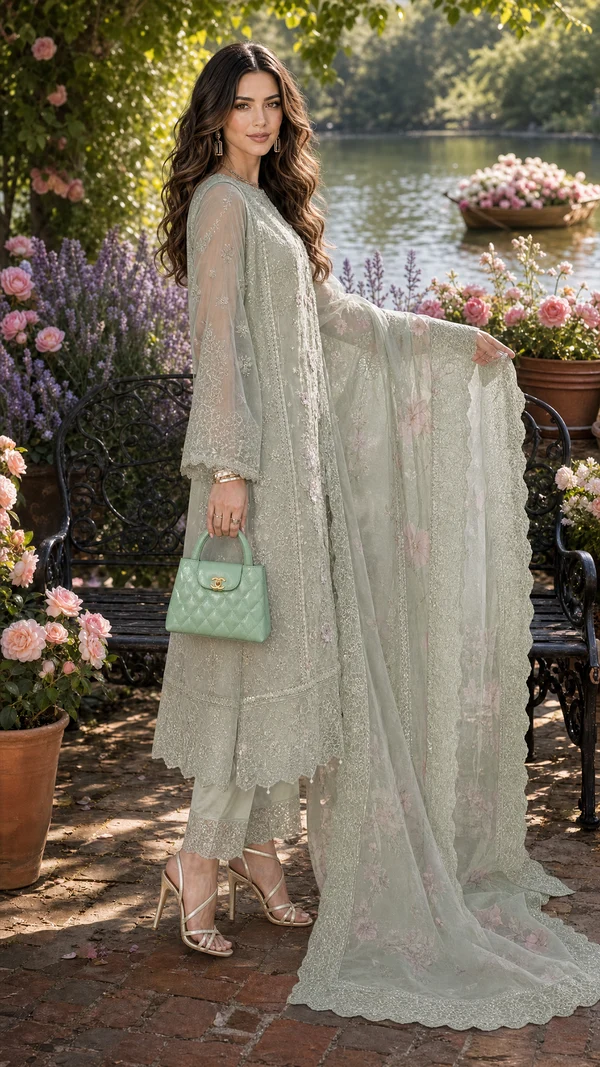 Nooriyah Luxury Embroidered Chiffon D1 - Pistachio Mist - Image 3
