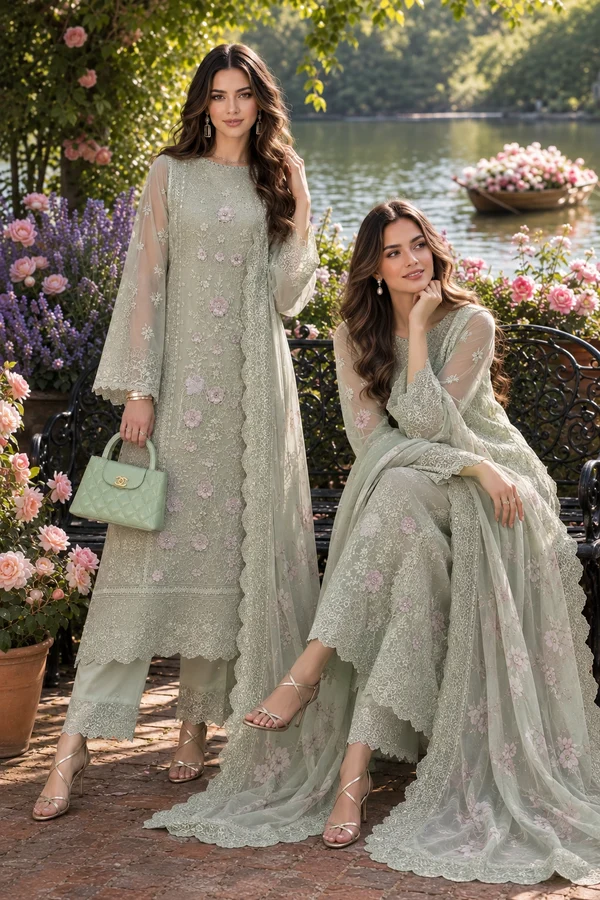 Nooriyah Luxury Embroidered Chiffon D1 - Pistachio Mist - Image 2