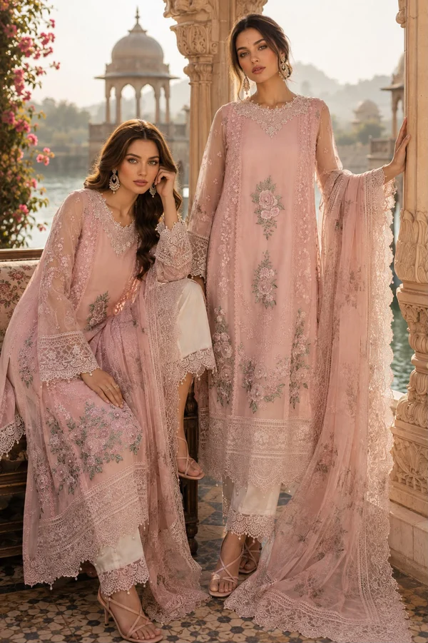 Nooriyah Luxury Embroidered Chiffon D2 - Satin Rose - Image 3
