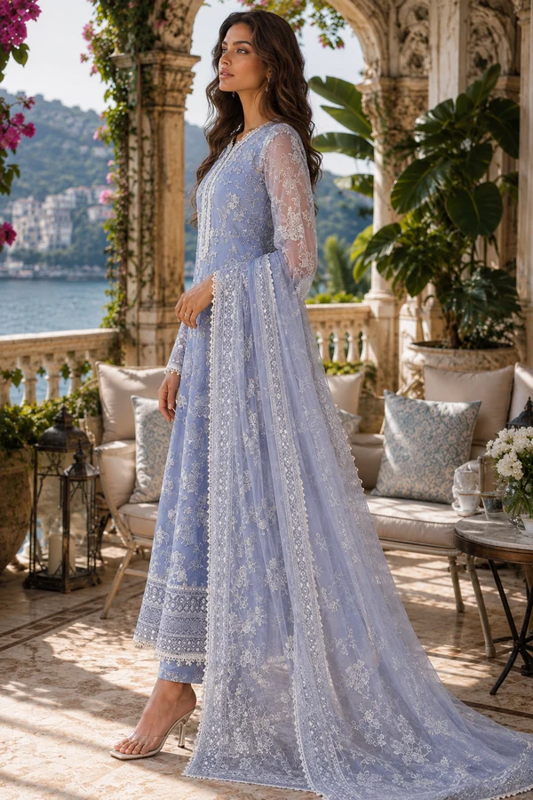 Nooriyah Luxury Embroidered ChiffonD3 - Dove Blue - Image 3